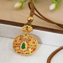 1pc Goldtone Prosperity Green Gourd Lock Pendant With Cubic Zirconia, Hollow Flower Filigree Butterfly Auspicious Lock Pendant With Inlaid Green Agate, Sweater Necklace