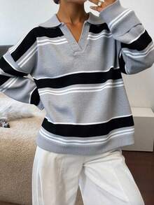 Livesso Kontrast Streifen Locker Umlegekragen Langarm Lässig Street Strickpullover für Damen, Herbst/Winter