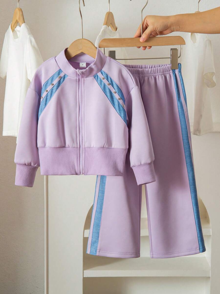 مجموعة من قطعتين، هوديي بسحاب وكتل لوني + بنطلون بكتل لوني، ملابس رياضية وكاجوال للبنات، مناسبة للأنشطة الخارجية والاستخدام اليومي - الأرجواني - مشاهدة 1