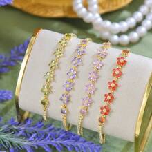 Light Luxury Flower Alloy Bracelet, Retro Pull-Out Adjustable Design Women's Palace Style Bracelet, Valentine's Day Gift - 紫色花朵鋯石手鍊 - 查看 3