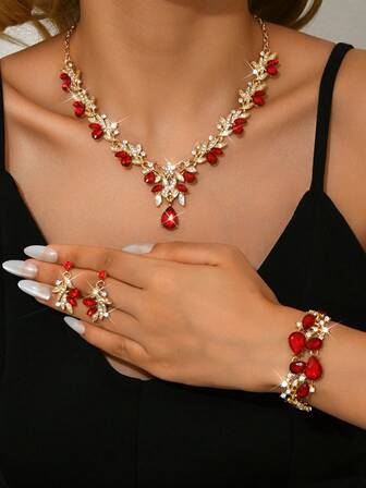 4 件优雅合金水晶镶嵌红色泪珠吊坠项链、耳环、手链套装、新娘首饰套装、女士派对、宴会、舞会配饰