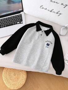 Nueva camisa de manga larga con cuello polo para primavera/otoño, camiseta gris de estilo superior para niños jóvenes con diseño de camisa de patchwork de moda - Gris - Ver 2