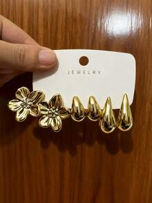 6/18pcs Exaggerated Eternal Flower, Large C-Shaped, 5-Petal Flower, Butterfly Series Earring Set, Suitable For Daily And Festival Wear, ABS Resin Material With UV Plated Non-Fading Gold - Gold - View 4