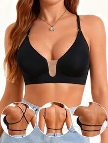 Sujetador sin espalda sin costuras para mujer, sujetador sin tirantes, sujetador de verano, sujetador sexy, lencería nupcial. 3 opciones de tirantes, sin costuras y transpirable, con tirantes ajustables, sujetador ligero, cómodo y transpirable, adecuado para bodas, vestidos de gala, vestidos de tirantes finos y otras ocasiones. - Negro - Ver 3