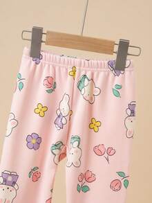2pcs Girls Thickened Warm Underwear Set, Cartoon Floral Rabbit Print, Thermal Lined Pajamas For Autumn/Winter - Pink - View 7