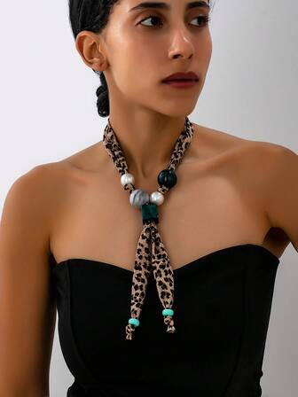 1 件套欧美辣妹风格时尚复古豹纹仿珍珠女士围巾项链