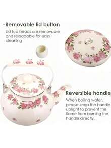 Tea Kettle Pot Stove Top, Porcelain Large Enamel Teakettle, 2.5L Colorful Teapot Floral Ceramic Stovetop, Retro Classic Design Pink Flower - 2.4L - Pink Flower-2.4L - View 5