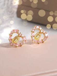 1 par de pendientes de Virgen María con forma de corazón brillante, incrustados con circonita cúbica sintética rosa, diseño de corazón hueco único, pequeño y delicado, adecuado para mujeres, se puede usar para bodas, joyería católica, Día de San Valentín, Día de la Madre, también es un gran regalo para mamá (los pasadores de los pendientes son flexibles pero se pueden restaurar a su forma original) - Rosa - Ver 7
