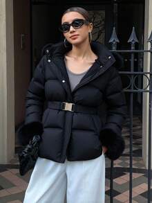 Livesso Women's Padded Coat With Fur Collar, Mid-Length, Thick, Versatile, Fluffy Cuffs, Solid Color, Cinched Waist, Winter New Style Jacket - Black - View 2