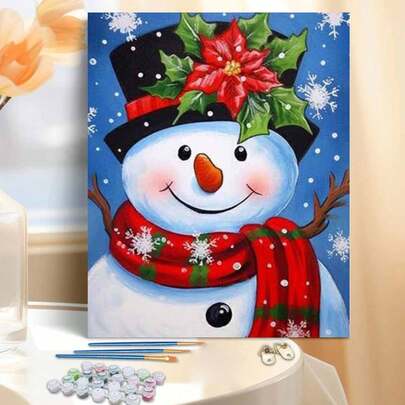 40*50cm 无框圣诞雪人数字油画 DIY 套装，包含颜料、画笔、高清素描、防水快干颜料，适合初学者，是送给朋友和家人的理想礼物，3 步流程即可创作杰作，沉浸式艺术体验，缓解压力