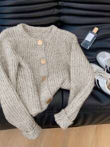 Women's Solid Color Ribbed Cardigan With Round Button, Fashionable And Elegant Autumn/Winter Apparel - Light Floral Coffee - View 4