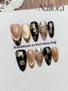 10片手工杏仁形美甲贴片，人造按压式美甲，长款，柔和棕黑色，金色闪亮猫眼法式美甲，金箔手绘3D雕刻花卉浮雕，珍珠镶嵌，可爱简约优雅奢华秋季美甲，秋季按压式美甲，多功能DIY假指甲，适合派对、日常、约会、海滩、热带度假，可重复使用，适合作为礼物送给女性和女孩，美甲用品 - 彩色 - 查看 2