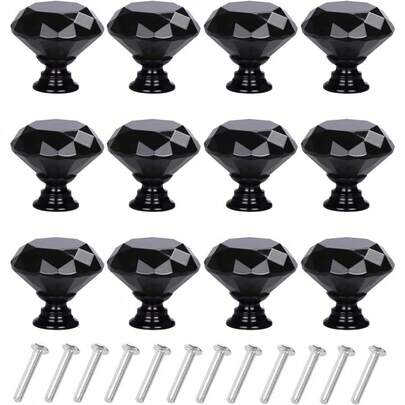 YourGift 12 Pack Drawer Knobs Diamond Shaped Crystal Glass 40mm Cabinet Knobs Pull Handles 40 mm 12 Pack All Black
