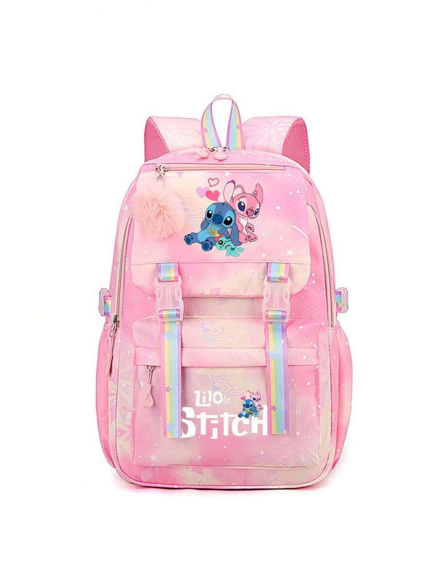 Stitch Student Backpack Large Capacity Rainbow Print Cartoon Outdoor Backpack Large Capacity Makeup Storage Bag, For Lipstick, Brush, Skincare, Mobile Phone, Coin, Small Items - Multicolor - View 1
