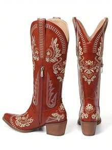 Vintage Cowgirl Ridding Boots Embroidery Chunky Heel Western Boots Mid Calf Retro Dress Bridal Shoes For Women Wedding Day Gift - 酒紅色 - 查看 6