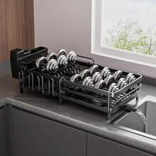 Extendable Dish Drying Rack RustResistant Dish Rack With Pan Slots And Cutlery Holder Utensil Holder Spatula And Cutting Board Holder For Kitchen Counter And Sink Black