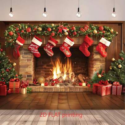 1pc Christmas Fireplace Polyester Backdrop With Christmas Tree And Stockings - Versatile Party Decoration Banner, No Electricity Needed, Ideal For Holiday Photography, Photo Booth And Festival Celebrations (1pc)