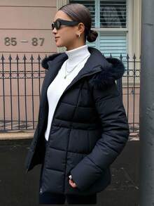 Livesso Abrigo acolchado ajustado con cuello de piel y cordón en la cintura para mujer, para otoño/invierno