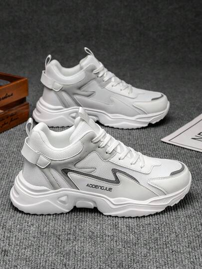 男士时尚撞色字母皮革和网眼系带高帮运动鞋，个性化户外休闲舒适青少年鞋