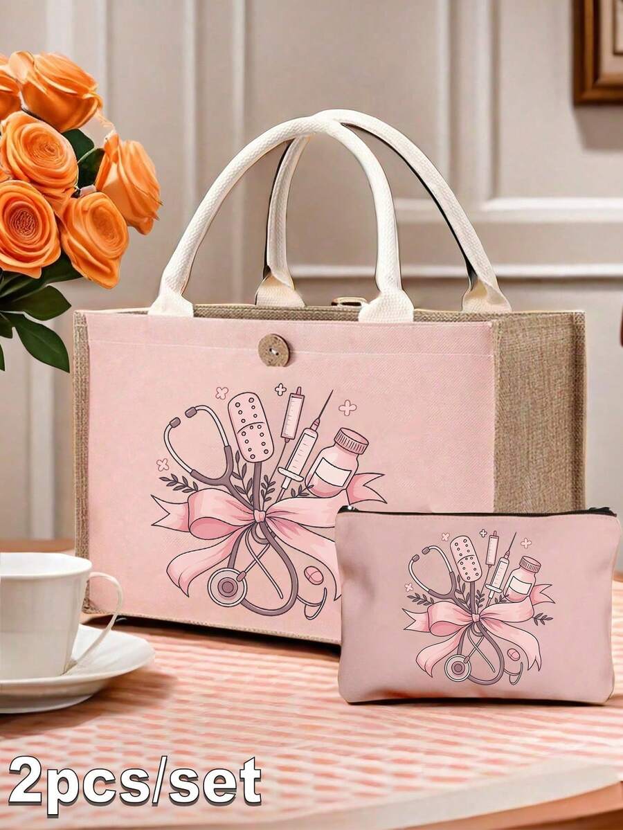 Conjunto de bolso de mano tipo tote y bolsa de cosméticos con tema de enfermera en color rosa, estilo casual, estructura de tela, con estampado de estetoscopio, corazón, jeringa, termómetro y pastillas, adecuado para la temporada de regreso a la escuela, bolso de hombro para viajes de vacaciones, unisex, regalo perfecto, artículos de uso diario, regalos de Navidad, regalos de Halloween