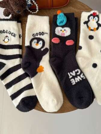 4 pares de calcetines de media caña con diseños de dibujos animados: Calcetines cálidos con tema de pingüinos de otoño e invierno, regalo de Navidad