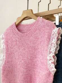 Áo vest nữ màu trơn, phối ren, dệt kim, thích hợp cho mùa xuân, màu hồng. - Hồng - Xem 3