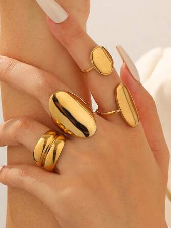4pcs/Set Minimalist Geometric Open Ring Set, Adjustable Stainless Steel Gold Plated Rings, Suitable For Women Daily, Party, Date Wear