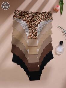 6 piezas Bragas de bikini con encaje sin costuras de moda para mujer, multicolor - Multicolor - Ver 1