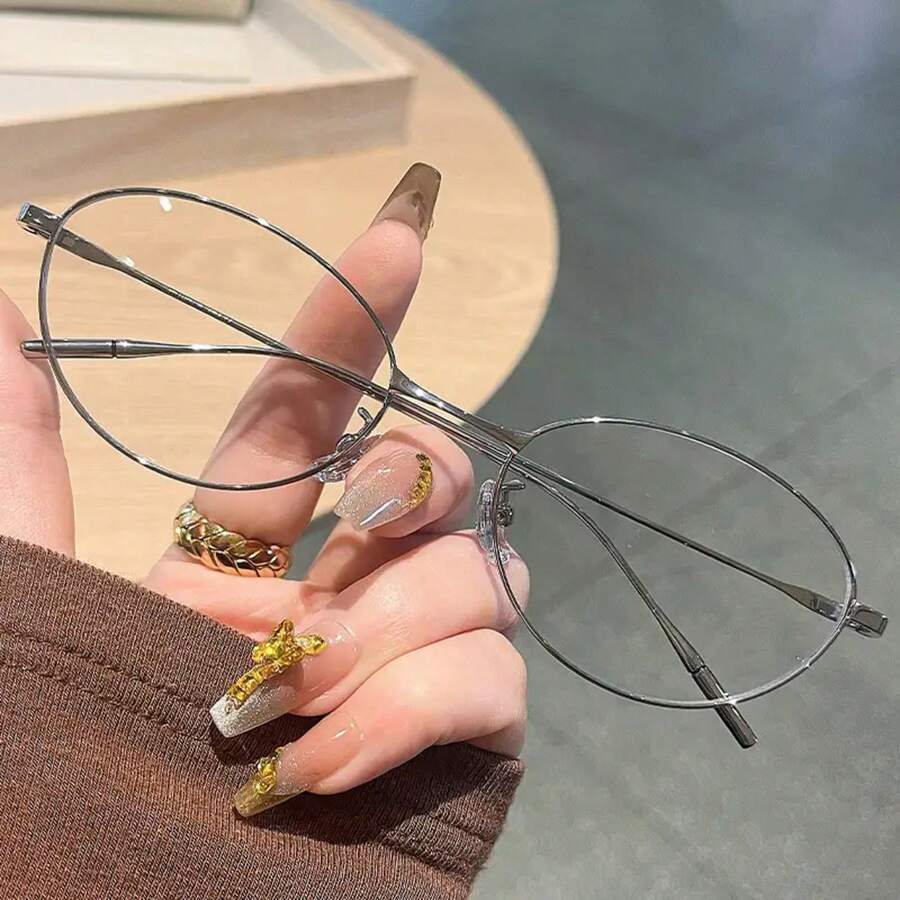 1 Piece Women's Ultra-Light Fashion Eyewear Frame - Gold Wire Thin Edge, New Cat Eye Design,  For Computer & Electronic Devices, High-End Oval Frame, IWD 2026 Special, Women's Day Gift For Mom, Gift For Girlfriend, Goddess Day Beauty Gift, Ladies Fashion Gift, Best Gift Choice, Limited Edition, 2026 Exclusive, Premium Quality, Fast Shipping, Top Rated, Gift Ready - 銀色 - 查看 1