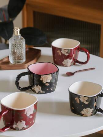 法式高端复古百合花方口陶瓷杯卡布奇诺杯牛奶杯早餐杯马克杯家用情侣咖啡杯