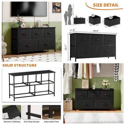 Chest Of Drawers With 5 Drawers, Wide Storage Organiser Fabric Dresser Living Room TV Stand Bedroom Closet Nursery Bedside Entryway Hallway, Wood Grai