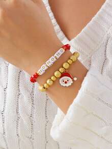 2 piezas/paquete Brazalete con colgantes de Papá Noel, árbol de Navidad, caramelo, muñeco de nieve y bastón de caramelo con letras navideñas - Elementos navideños de moda y versátiles para fiestas, eventos y regalos (color aleatorio - sin tarjeta)