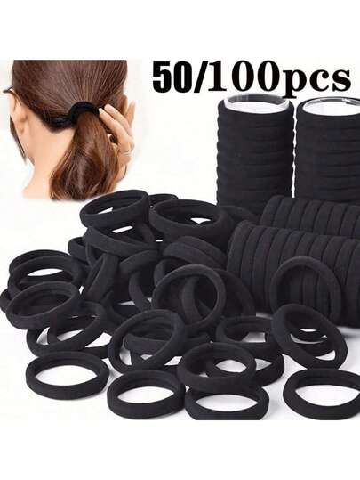 Set de 20 piezas/50 piezas/100 piezas/200 piezas de gomas de pelo elásticas negras y de colores, bandas de goma simples y sin costuras para coleta, gomas de pelo de unicolor y muy elásticas para mujeres, cómodas y duraderas, esenciales para el hogar y los viajes