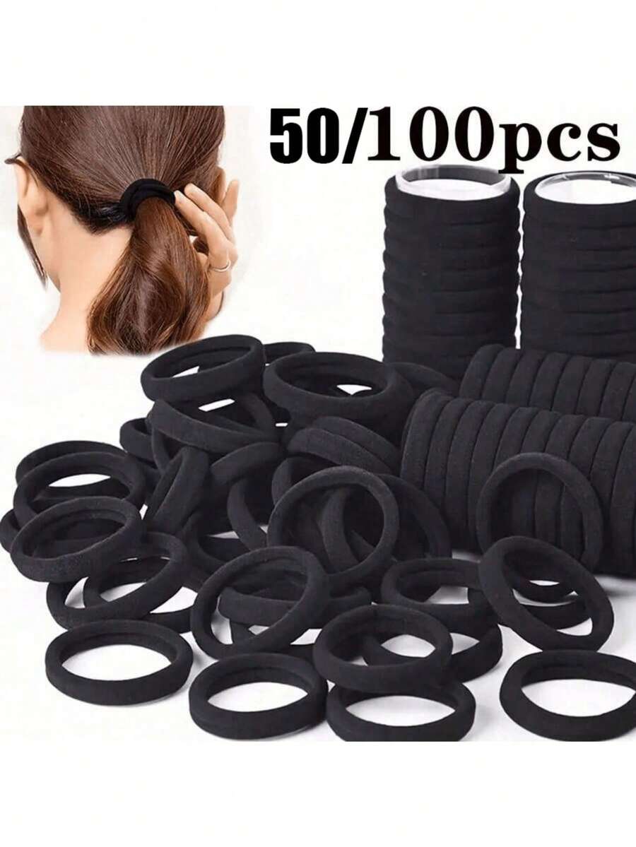 Set de 20 piezas/50 piezas/100 piezas/200 piezas de gomas de pelo elásticas negras y de colores, bandas de goma simples y sin costuras para coleta, gomas de pelo de unicolor y muy elásticas para mujeres, cómodas y duraderas, esenciales para el hogar y los viajes