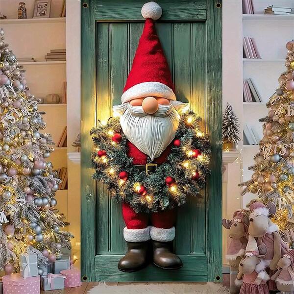 1pc Polyester Christmas Santa Claus Wreath Decoration, Size 90*180cm Christmas Door Cover Hanging Cloth, Outdoor Patio Decor, Photo Backdrop, No Power Needed, Christmas & Winter Holiday Wall Hanging Decor