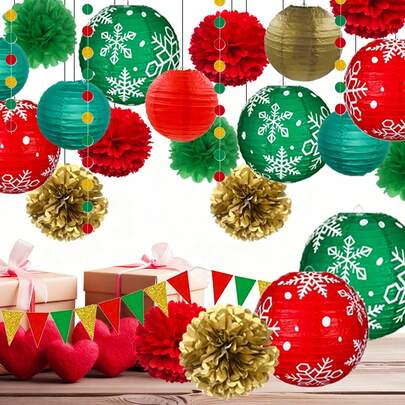 13 peças de lanternas de papel de Natal, banners, bandeirinhas, pompons, decoração, conjunto, vermelho, dourado, verde, papel de seda, pompons, decorações, lanternas de floco de neve de papel, círculos, pontos, bandeiras triangulares, bandeirinhas, banners para decoração de festas de Natal