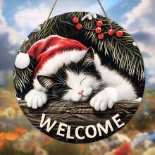 1pc Christmas Gift For Cat Lovers, Comfortable Sleeping Cat Wooden Welcome Sign, 20cm Round Festive Hanging Decoration On The Front Door Wall, Festive Home Home Decoration, Great Gift For Friends