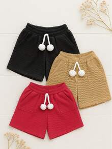 Kit With 3 Ribbed Shorts For Children And Youth For Girls And Teenagers With Pompom Detail Spring Summer Fashion Sh336 - Black, Nude and Pink - View 2