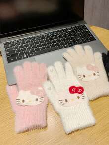 Sanrio 1 Par de Luvas Cartoon Hello Kitty, Forro Térmico Grosso, Fofo, à Prova de Vento, Adequado para Ciclismo no Outono e Inverno