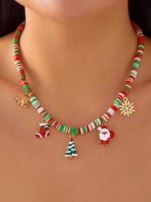 1 buc Lanț Reglabil din Aliaj cu Mărgele din Lut Polimeric, Colier cu Pandantiv de Crăciun cu Mai Multe Straturi, Moș Crăciun, Brad de Crăciun, Om de Zăpadă - Colier la Modă și Versatil pentru Femei, de Crăciun, Sărbători, Petrecere, Evenimente, Bijuterii Choker - Cadou (Culoare Aleatoare)