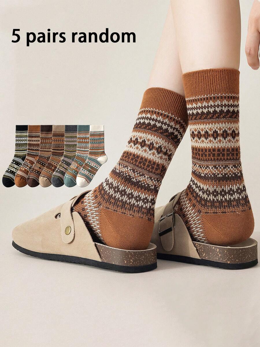 5 双女式随机颜色波西米亚风格保暖中筒袜，透气，柔软舒适，家居袜，睡衣袜，棉袜，适合秋冬日常、办公室、家居、通勤装，颜色随机