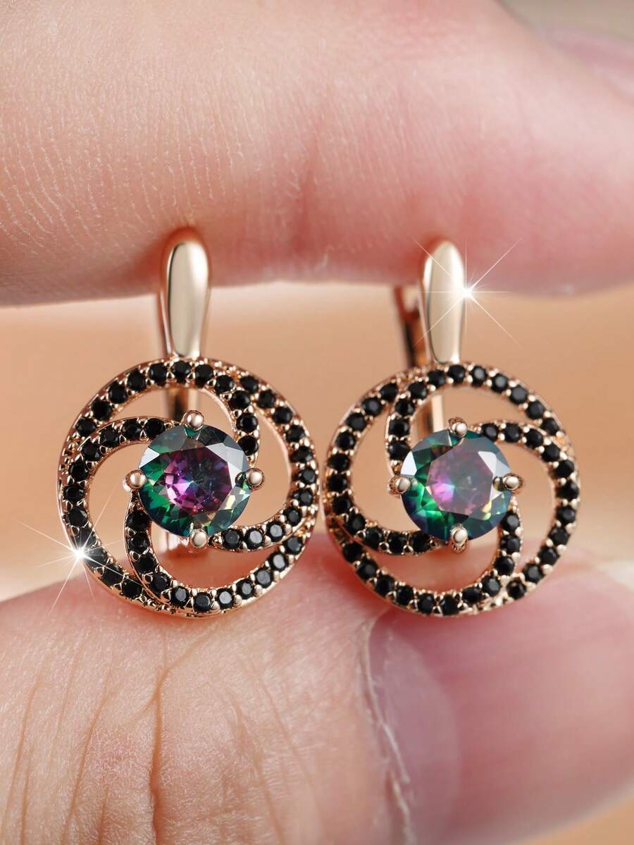 1 Pair Women's Earrings, Featuring Elegant Spiral Hollow Round Design, Perfect For Adding Personalized Charm To Your Outfit At Parties - Champagne Gold + Color - View 1