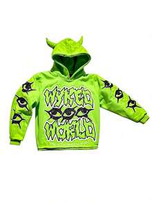 Y2K Gothic Harajuku Street Hip Hop Hoodie For Men Devil Horn Hooded Sweatshirt Punk Goth Aesthetic Grunge Pullover - Green - View 3