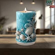 2D 平面 - 1 件海岸蜡烛装饰 - 波西米亚风格贝壳和海星桌面装饰，舒缓的蓝色调，浪漫晚餐，客厅，卧室海洋主题装饰，无焰装饰，营造轻松氛围，2D 平面设计，理想的家居装饰 - 多色A - 查看 1