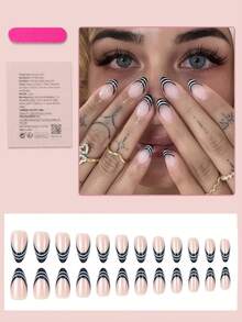 24片中号杏仁形美甲贴纸，黑色法式尖头，白色线条简约设计，全覆盖，适合女性和女孩日常佩戴，人造美甲用品 - 彩色 - 查看 2