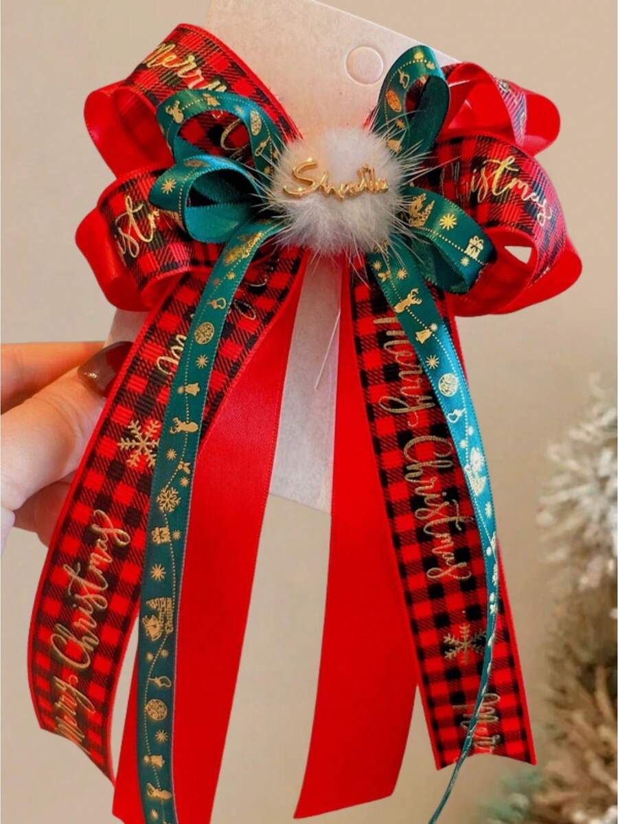1pc Girls' Joyful Holiday Party Christmas Printed Ribbon Multi-Layer Bow Streamer Hair Clip - Red - View 1