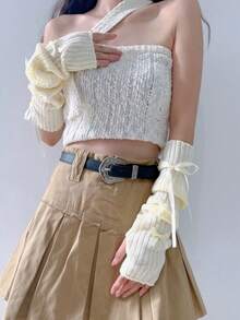 1 Pair Of Cute Bow Tie Women's Gloves Vertical Striped Women's Open Finger Gloves Y2K Warm Arm Cover Millennium Hot Girl Long Sleeve Cover