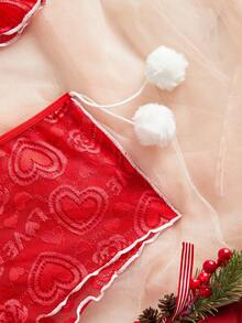 2 Pieces Women's Red,Christmas,Hollow Out,Side Slit Pants,Sheer,Sexy Lingerie Set - Red - View 8