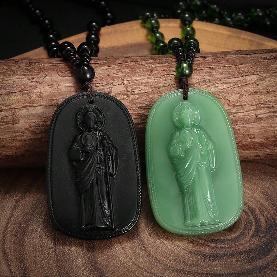Religious Gift Imitation Jade Birth Buddha Protection Buddha Bodhisattva Pendant Ancient Style Jade Guardian Necklace - 綠色 - 查看 1