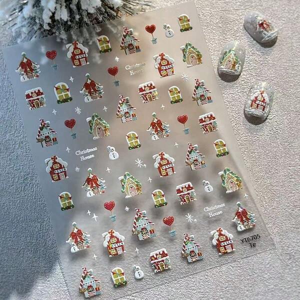 1pc Christmas Nail Stickers, Shell Shine Christmas Candy House Cute Snowman Decorative Stickers, Crystal Diamond Hot Stamping Bow Nail Stickers, Christmas Decorations